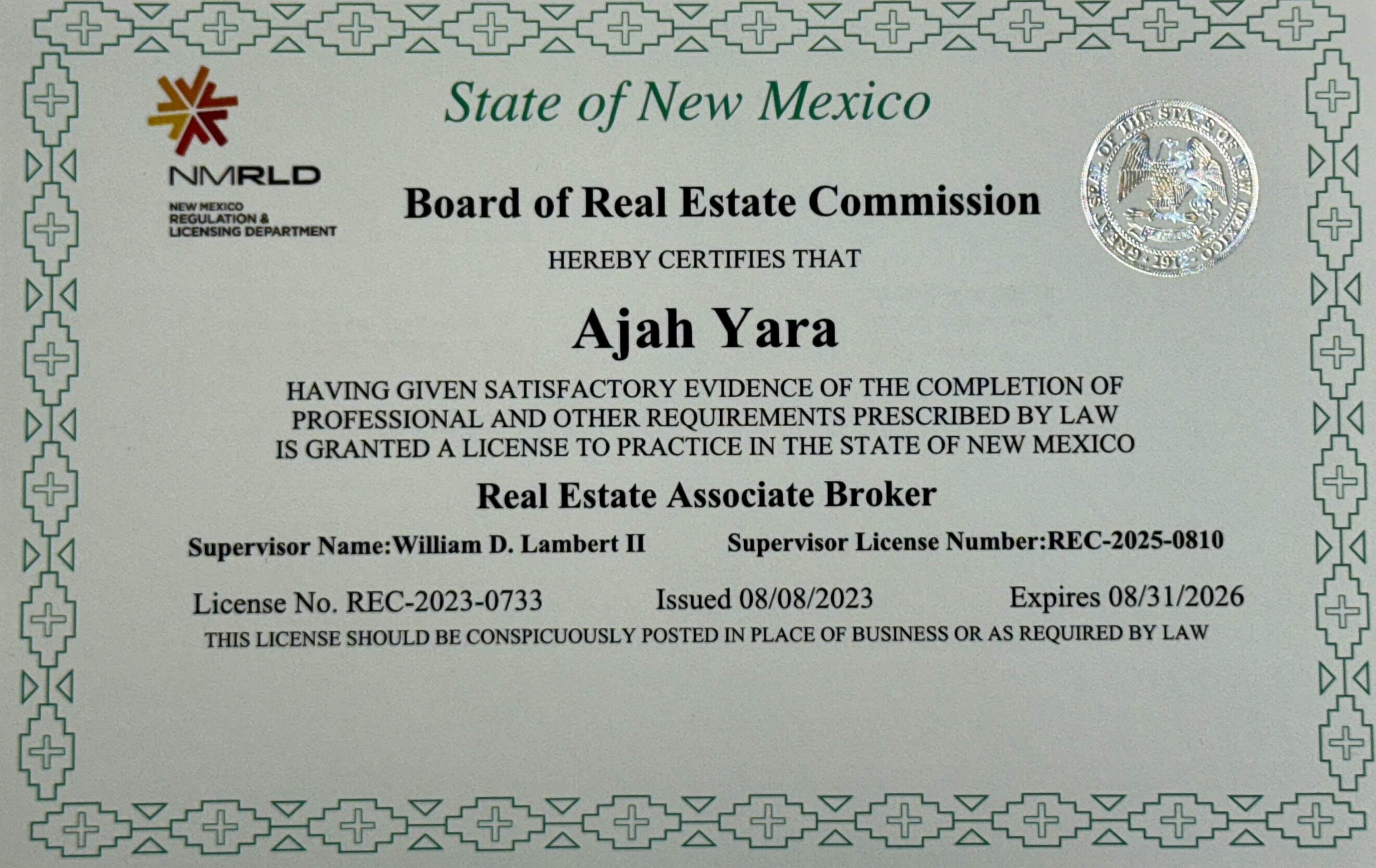 Ajah Yara — Real Estate Associate Broker license issued by the State of New Mexico
