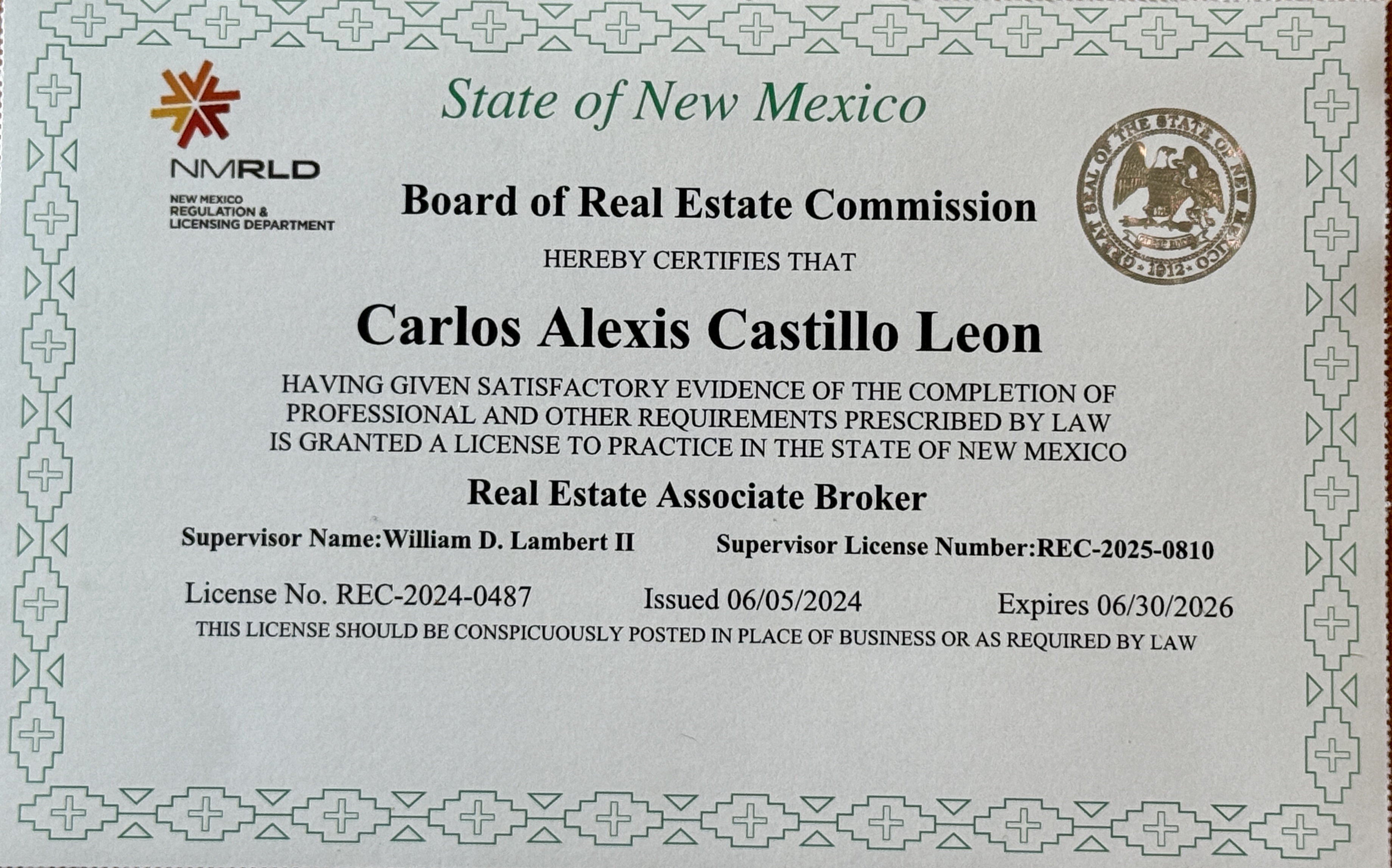Carlos Alexis Castillo Leon — Real Estate Associate Broker license issued by the State of New Mexico