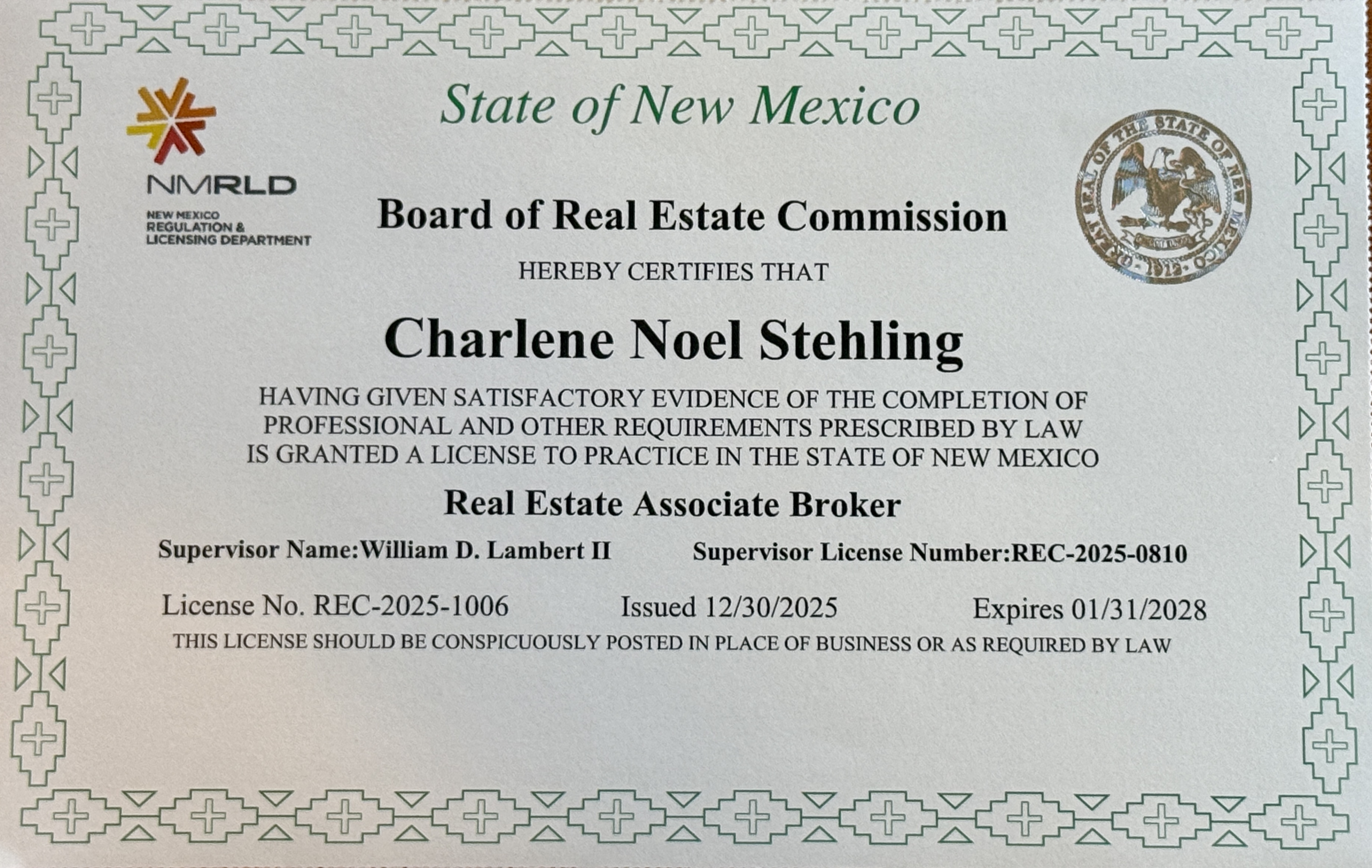 Charlene Noel Stehling — Real Estate Associate Broker license issued by the State of New Mexico