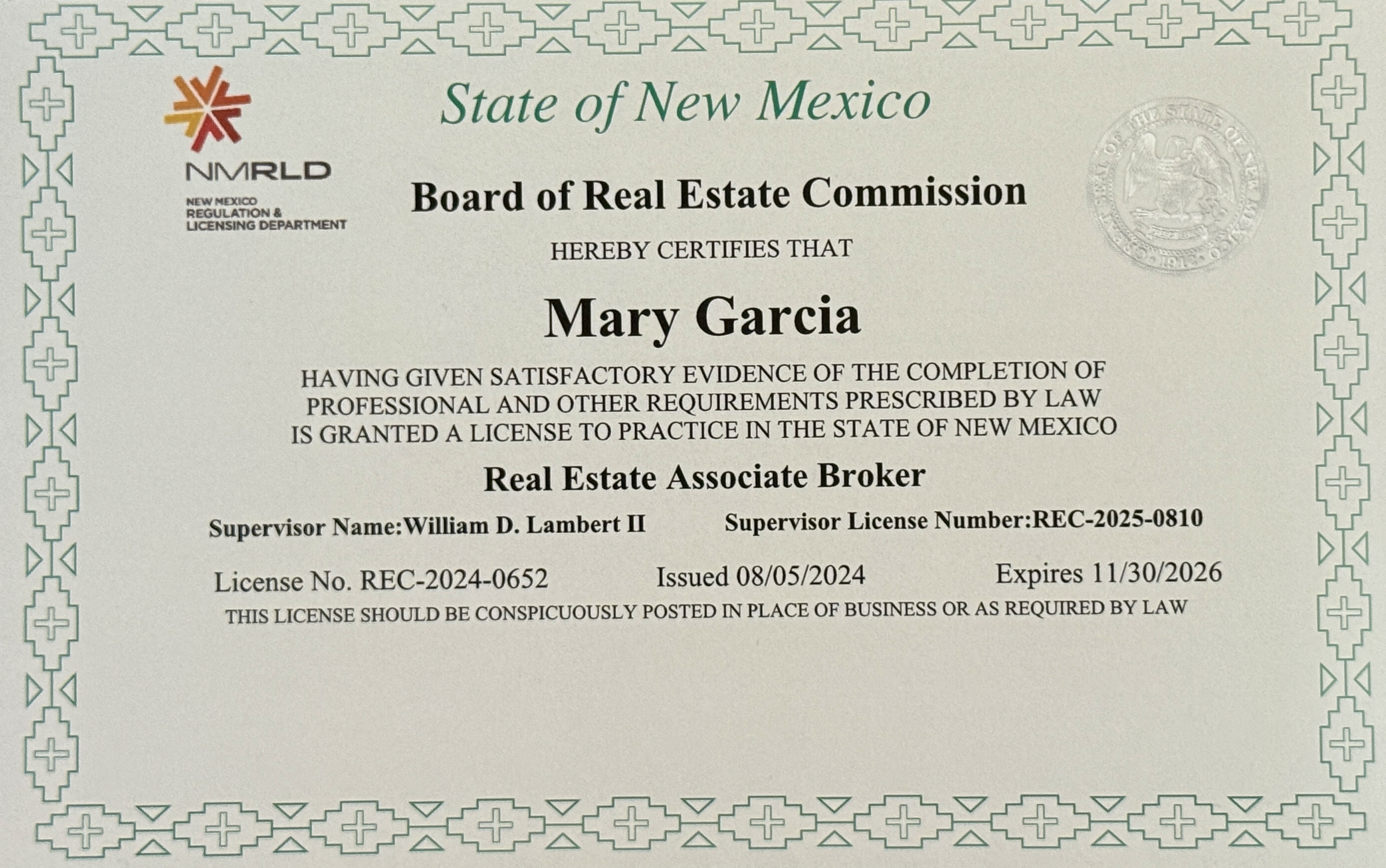 Mary Garcia — Real Estate Associate Broker license issued by the State of New Mexico