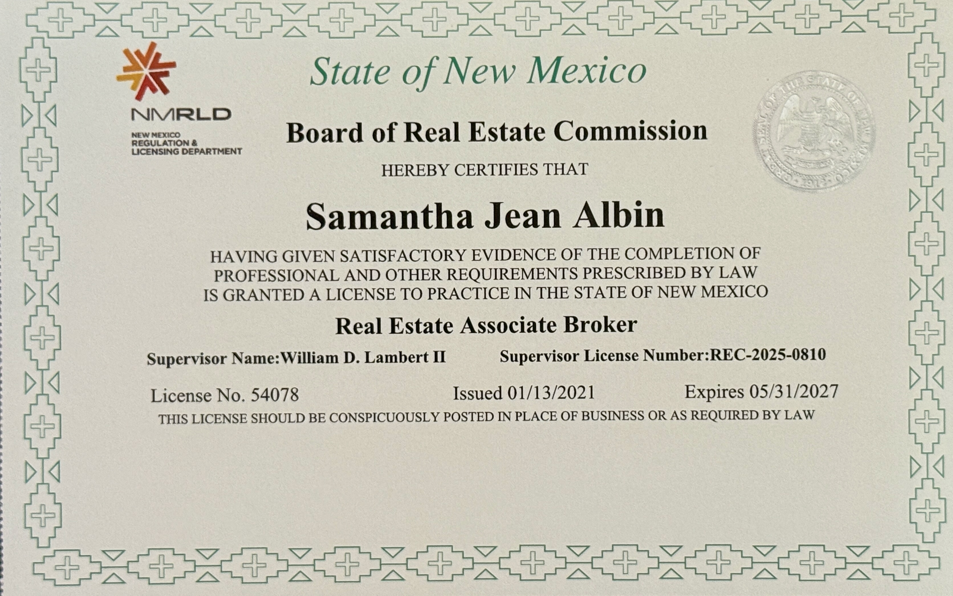 Samantha Jean Albin — Real Estate Associate Broker license issued by the State of New Mexico