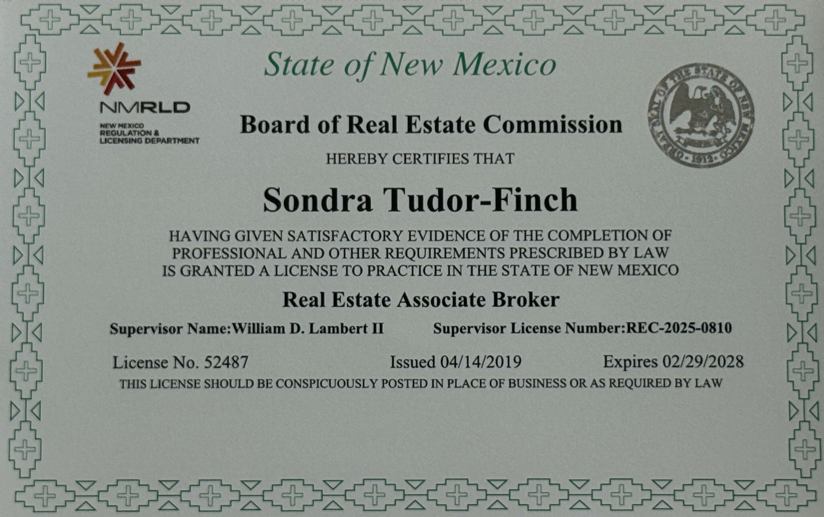Sondra Tudor-Finch — Real Estate Associate Broker license issued by the State of New Mexico