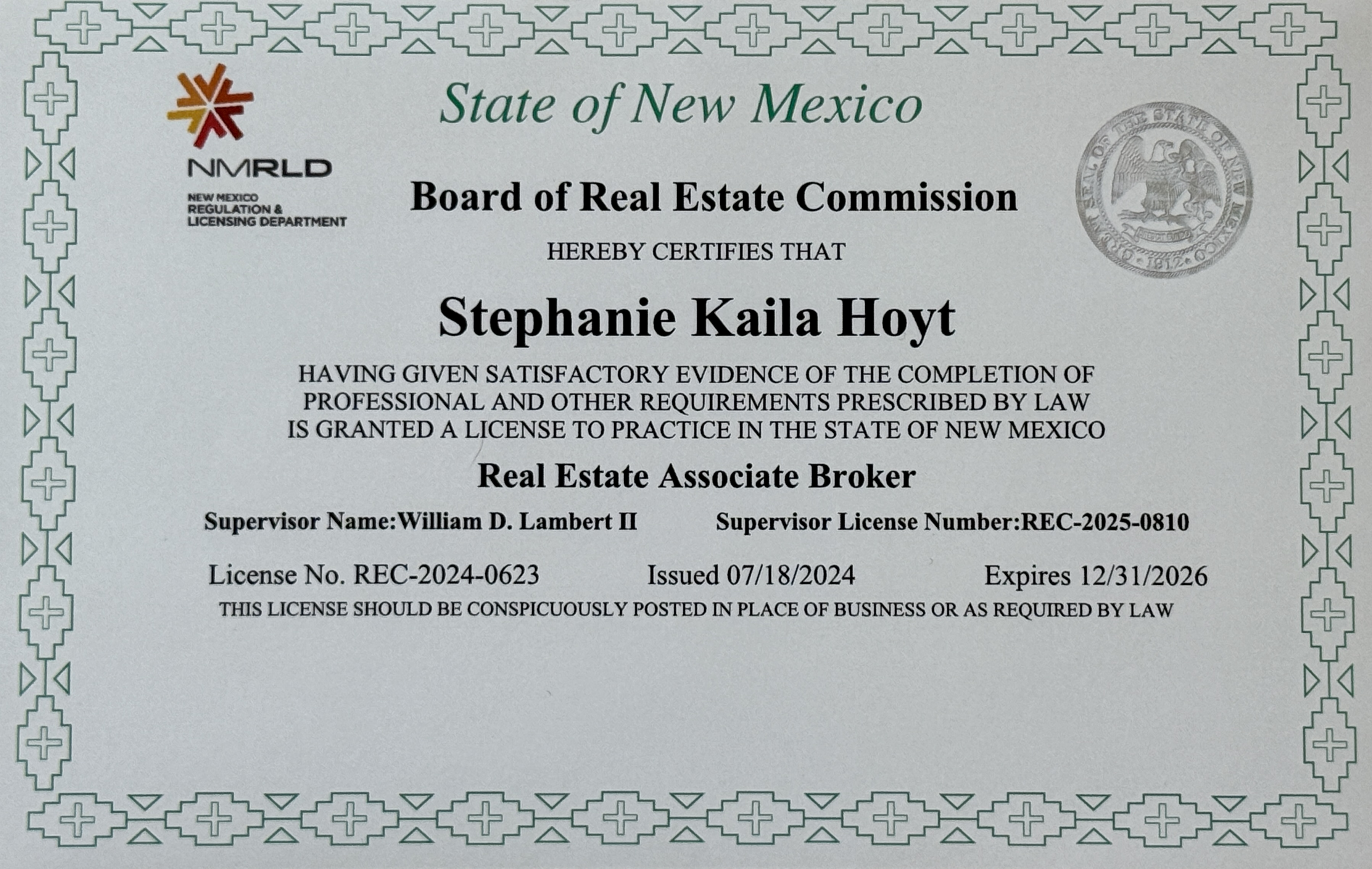 Stephanie Kaila Hoyt — Real Estate Associate Broker license issued by the State of New Mexico
